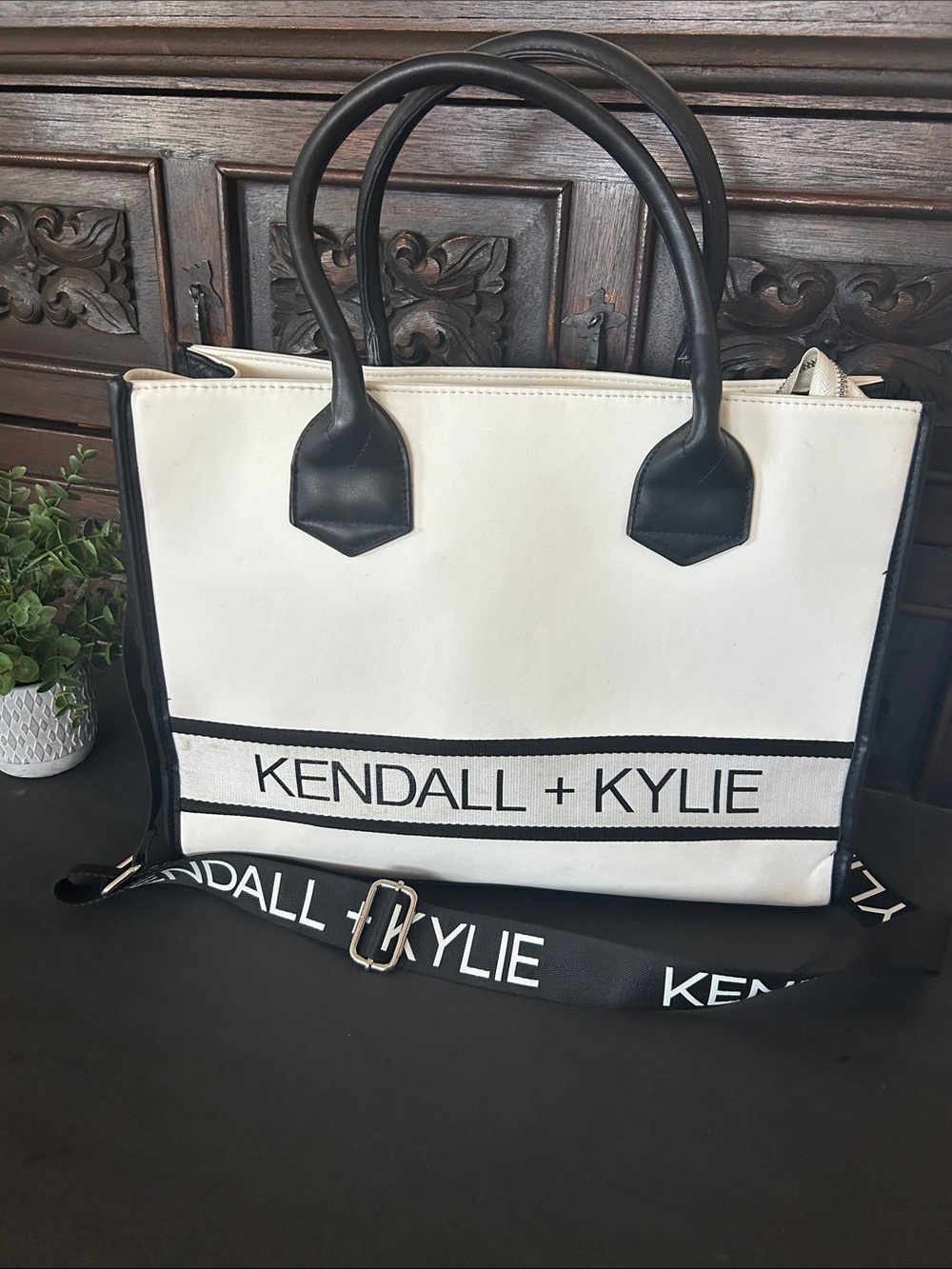 Kendall & Kylie Black and White Logo Tote with Branded Strap
